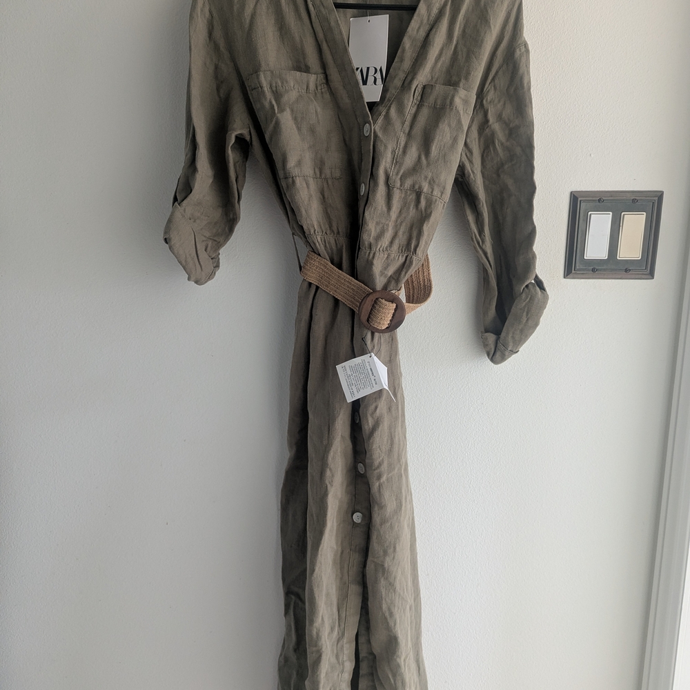 NWT ZARA Woman 100% Linen Belted Shirtdress | Olive Green | Size Small - Picture 6 of 6